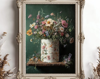 Flower toilet paper roll print, botanical bathroom floral vintage poster, moody wildflowers dark academia printable, dark сottagecore decor