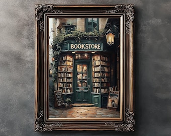 May include: A framed painting of a bookstore with a green door and shelves full of books. The sign above the door reads "BOOKSTORE".