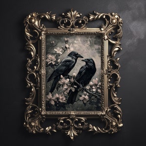 Two ravens in moody floral forest printable, crow portrait wall print, dark academia decor, raven printable, vintage poster, gothic painting