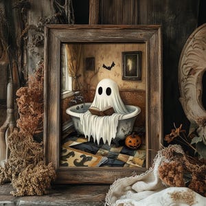 Op de afbeelding: Een ingelijst Halloween-kunstwerk toont een geest in een badkuip die een boek leest. De geest is bedekt met een wit laken met zwarte ooggaten. Een uitgesneden pompoen staat in de buurt. De kunst is in vintage stijl.