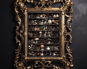 May include: An ornate gold frame with a glass display case filled with a variety of dried mushrooms. The mushrooms are arranged in rows and are of different shapes, sizes, and colours.
