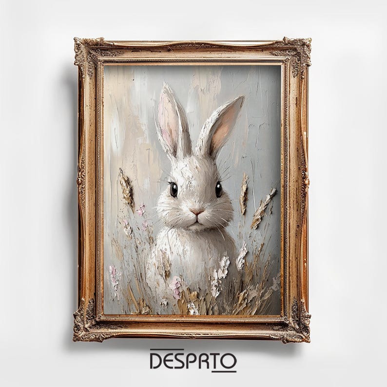 May include: A framed painting of a white rabbit with soft fur, surrounded by delicate flowers and grasses. The background is a soft blue and the frame is a warm gold.