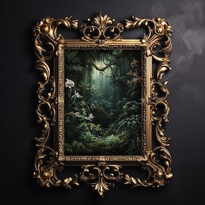 Wilder grüner Wald mit Orchideen, stimmungsvolle Waldmalerei, dunkle Academia, Vintage Poster, ästhetisches gothic Goblincore Bild