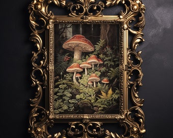 Bospaddenstoelen, paddenstoelen in een diep herfstbos, humeurige mosmuurprint, bloemen donkere academische wereld afdrukbaar, сcottagecore herfstdecor