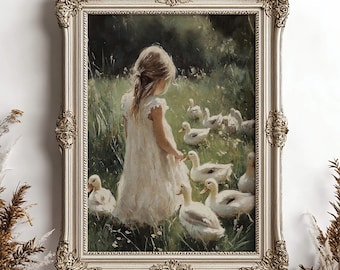 Girl and ducks print, Easter duck village flower farmhouse decor, moody rustic cottagecore wall art painting, antique printable vintage art
