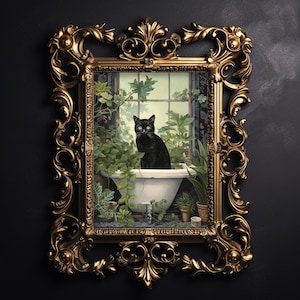 Floral schwarze Katze Badezimmer Druck, Vintage Poster für botanische Blumen Badewanne, dunkle Academia druckbare, dunkle Cottagecore Dekor, gotische Malerei