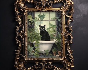 Floral black cat bathroom print, botanical flower bathtub vintage poster, dark academia printable, dark сottagecore decor, gothic painting