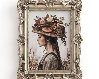 Mujer boho con sombrero botánico con estampado de setas y flores, retrato de esqueleto floral de rosas, academia oscura, pintura vintage, impresión digital