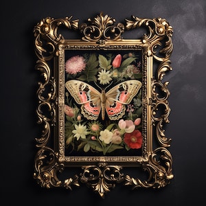 Falena dei boschi, stampa murale a farfalla lunatica, stampa botanica a farfalla, accademia floreale scura, arte murale cottagecore scura, poster vintage