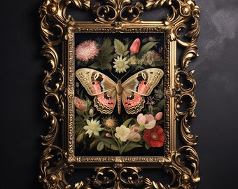 Botanical Butterfly Wall Art Print, Dark Academia Decor (Digital Download)