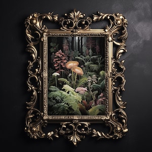 Helecho de setas del bosque profundo, estampado de pared de mal humor del bosque, decoración floral de la academia oscura, cartel vintage, pintura estética goblincore gótica