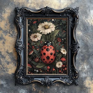Op de afbeelding: Een zwart ingelijste print van een rood-zwarte lieveheersbeestje op een achtergrond van witte bloemen en groene bladeren.