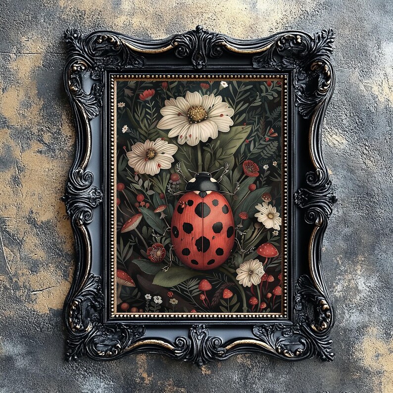 Op de afbeelding: Een zwart ingelijste print van een rood-zwarte lieveheersbeestje op een achtergrond van witte bloemen en groene bladeren.