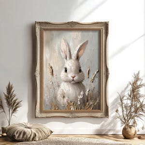 May include: A framed painting of a white rabbit with brown eyes, surrounded by a field of flowers and grasses. The frame is ornate and gold in color.