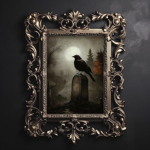 Crow graveyard vintage print, portrait raven dark academia decor, antique scary moody printable, goth vintage poster, raven gothic painting