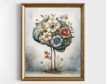 Bloemen hersenprint, botanische hersenillustratie, surrealistische bloem geest muurkunst, Cottagecore decor, cadeau voor psychologietherapeut