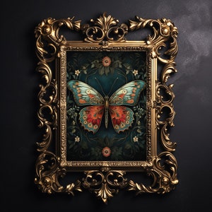 Wald Motte blau rot, launische Blume Schmetterling Wanddruck, botanische bedruckbar, florale dunkle Wissenschaft, Cottagecore Wandkunst, Vintage Plakat