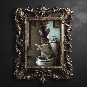 Kaninchen lesen Zeitung auf Toilette, Hase dunkel Academia, wunderliches Häschen Badezimmer druckbares viktorianisches Vintages Plakat gothic Malerei