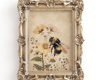 May include: A framed print of a bumblebee on a flower with a vintage aesthetic. The print features a yellow and black bumblebee on a yellow flower with a brown background.