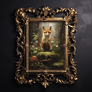Kleiner Fuchs im Wald Wanddruck, botanisches Dark-Academia-Gemälde, Waldfuchs-Druck, Tier-Waldkern-Dekor, floraler Cottagecore-Druck zum Ausdrucken