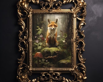 Kleiner roter Fuchs im Wald, Waldmalerei, Waldtiere, Waldtiere, Waldtiere, Waldtiere, Waldtiere, Waldtiere, Cottagecore druckbare Illustration