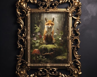 Petit renard dans une impression murale de forêt, peinture botanique sombre du milieu universitaire, impression de renard des bois, décor animal forestcore, floral cottagecore imprimable