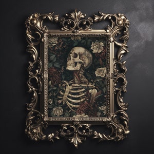 Floral skeleton portrait print,  anatomical dark academia, halloween printable, spooky decor, vintage poster, gothic painting, flower skull