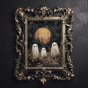 May include: A framed painting depicting three white ghosts in a woodland scene. The ghosts are standing in a field of orange flowers with a full moon behind them. The frame is ornate and gold.