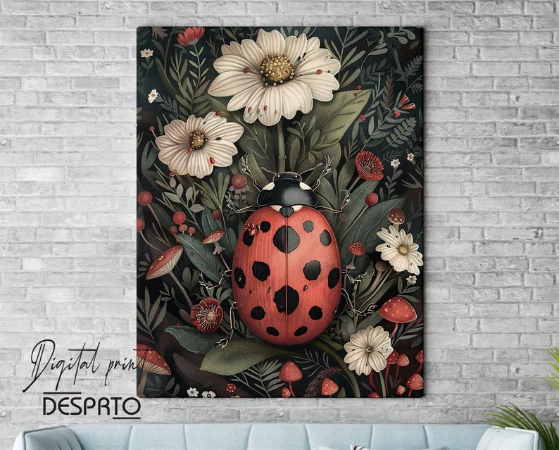 Op de afbeelding: Een digitale illustratie van een lieveheersbeestje met zwarte stippen op een rode schil, omringd door witte en rode bloemen en groene bladeren.