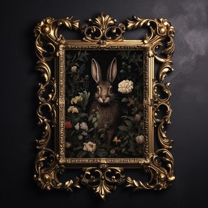Hare rabbit in deep moody magic flower forest print, dark academia, botanical wall decor, rabbit retro painting printable digital download