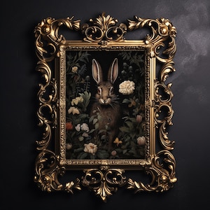 Hase in tieflaunigem magischem Blumenwalddruck, dunkle Academia, botanisches Wanddekor, Kaninchenretromalerei druckbarer digitaler Download