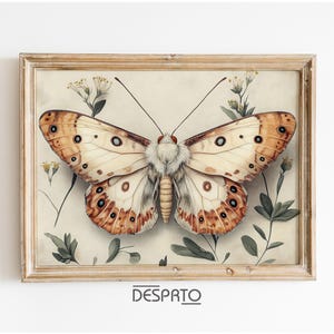Boho vintage butterfly print, moody moth wall decor, butterfly printable, boho floral butterfly, woodland moth cottagecore wall art