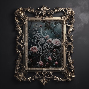 Blumenmuster, Spinnennetzdruck, Blumen im Spinnennetz, stimmungsvolle Blumen Dark Academia zum Ausdrucken, Waldkern-Dekor, Gothic Malerei Cottagecore Poster