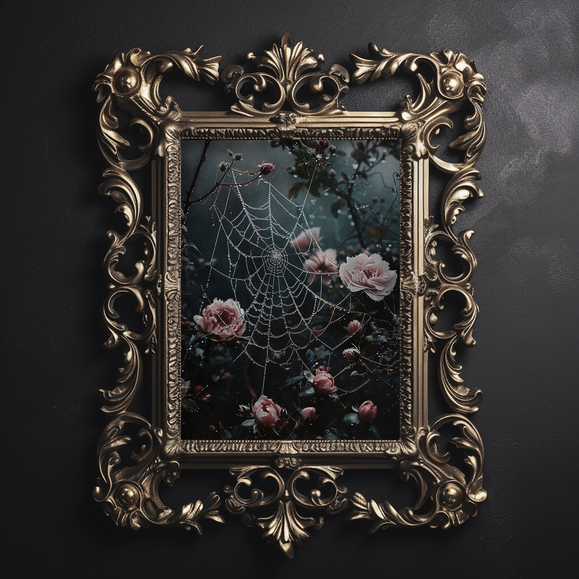 Blumenmuster, Spinnennetzdruck, Blumen im Spinnennetz, stimmungsvolle Blumen Dark Academia zum Ausdrucken, Waldkern-Dekor, Gothic Malerei Cottagecore Poster