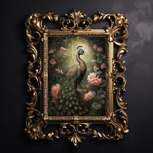 Impresión de pared de pavo real del bosque, pavo real melancólico, impresión botánica, arte de pared de estilo académico oscuro floral, póster vintage
