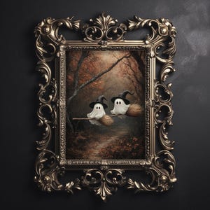 Niedliche Geister fliegen auf einem Hexenbesen im Herbst Wald Druck, dunkel Academia, gothic gruseligen Dekor, Horror Vintage gruselige Goth Wand Kunst Malerei