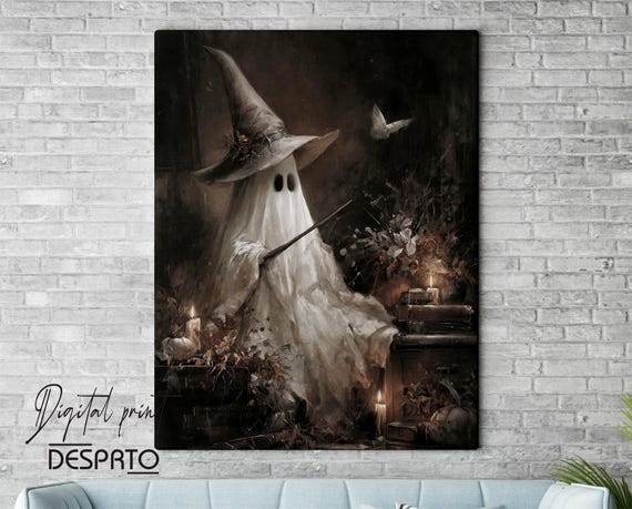 Magical Ghost With Wand Print, Whimsical Gothic Halloween Wall Art