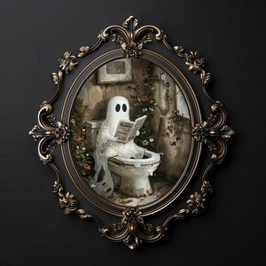 Ghost reading newspaper on toilet print, dark academia, whimsical ghost bathroom portrait halloween printable vintage poster gothic painting