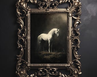 White Horse Print, Dark Academia Gothic Home Decor (Digital Download)