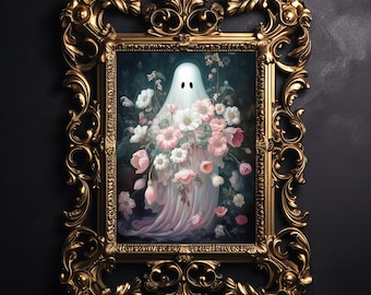 Floral ghost portrait print, halloween printable, spooky decor, vintage poster, gothic oil painting, pink flower ghost, dark academia