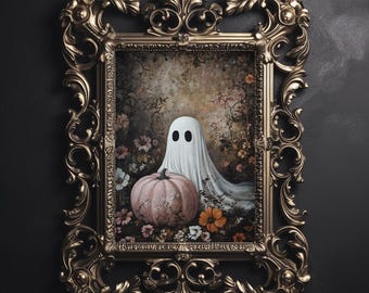 Ghost with pink pumpkin in fall flower, dark academia, cottagecore spooky decor, Halloween vintage poster, gothic painting, haunting ghost