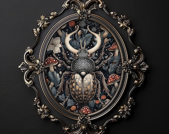 Stag Beetle Floral Print, Dark Academia Cottagecore Wall Art (Digital Download)