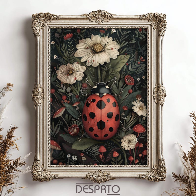 Op de afbeelding: Een ingelijste illustratie van een rood-zwarte lieveheersbeestje omringd door witte en rode bloemen en paddenstoelen op een donkergroene achtergrond.