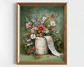 Impresión de rollo de papel higiénico con flores, póster vintage floral para baño botánico, flores silvestres melancólicas para imprimir en Dark Academy, decoración cottagecore