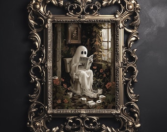 Ghost reading newspaper on toilet print, dark academia, whimsical ghost bathroom portrait halloween printable vintage poster gothic painting