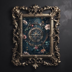Kompass in Blumen Druck, Vintage nautische Kompass Dekor, dunkle Academia druckbar, stimmungsvolle botanische ästhetische Malerei dunkel Cottagecore Druck