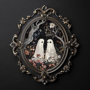 Two cute ghosts in flower woods print, romantic dark academia, moody cottagecore spooky decor vintage poster, gothic painting haunting ghost