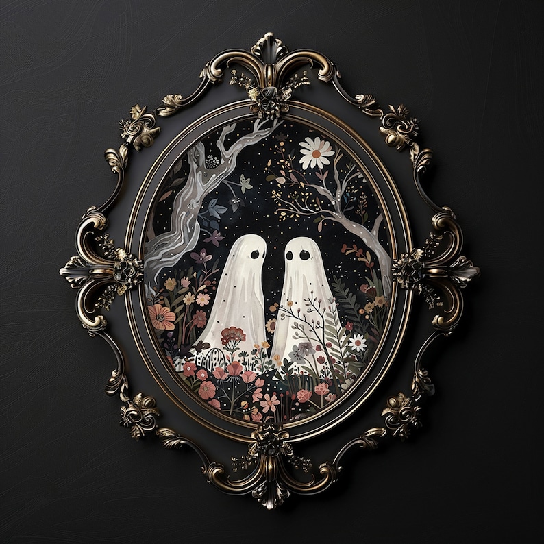Two cute ghosts in flower woods print, romantic dark academia, moody cottagecore spooky decor vintage poster, gothic painting haunting ghost