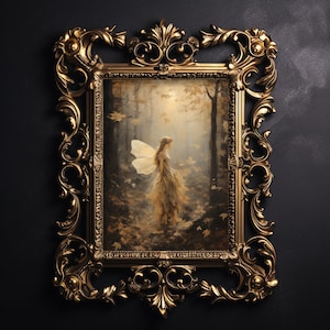 Hada del bosque con sol otoñal, impresión cottagecore de otoño, arte de pared fairycore, estética botánica, decoración de pared goblincore, impresión de pintura melancólica