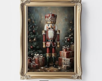May include: A framed print featuring a Christmas-themed illustration. The artwork depicts a nutcracker soldier in a red uniform and crown, standing near a decorated Christmas tree and wrapped gifts. The frame is gold-colored, and the print has the text "DESPRTO DIGITAL PRINTS" at the bottom.